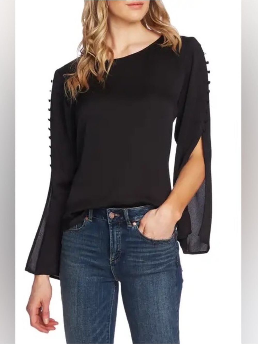 Vince Camuto Button Split Sleeve Hammered Satin Top (Size Small)